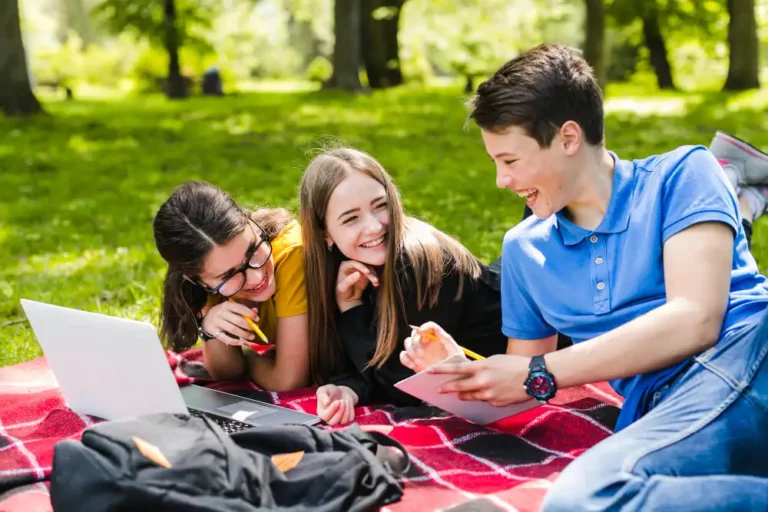 Jóvenes felices disfrutando de un pícnic y estudiando en un día soleado.